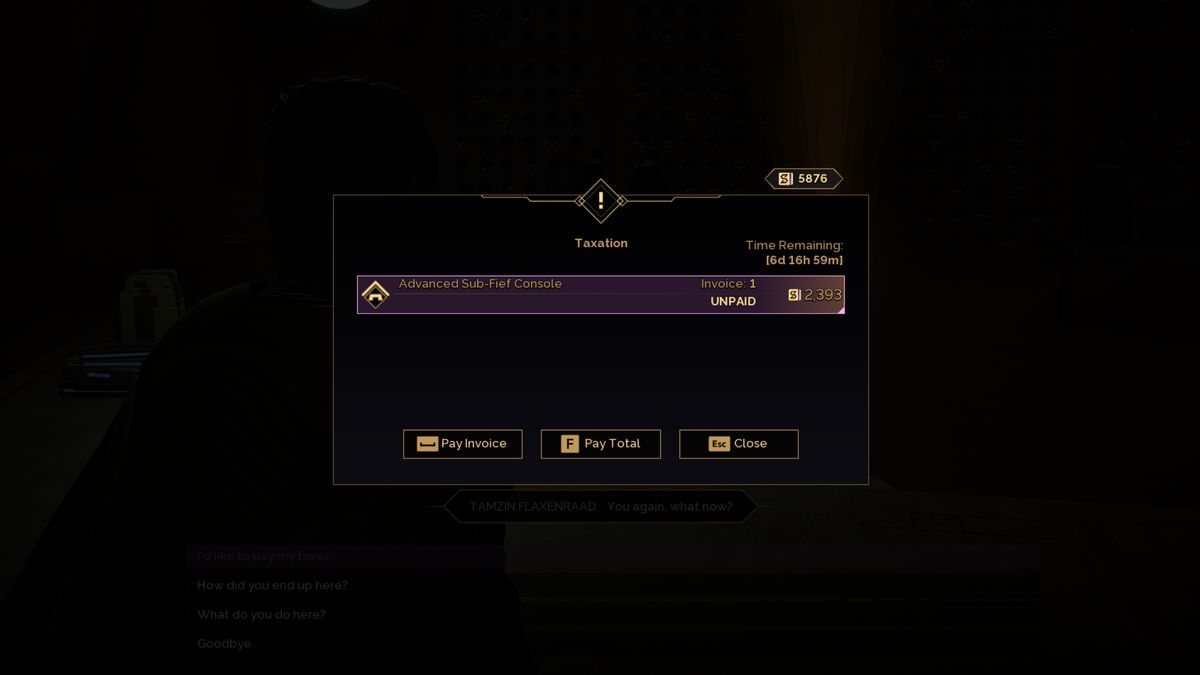 Dune: Awakening how to pay taxes - The prompt to pay your taxes when speaking to an official representative.