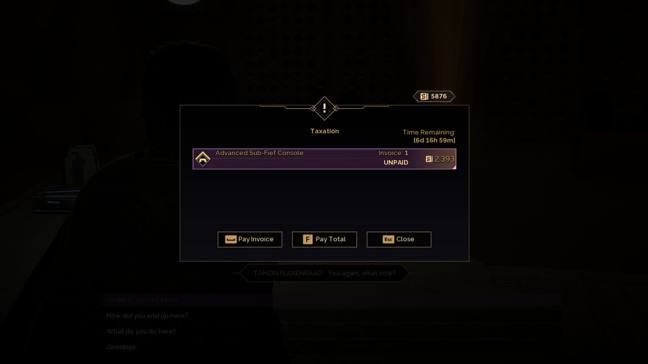 Dune: Awakening how to pay taxes - The prompt to pay your taxes when speaking to an official representative.