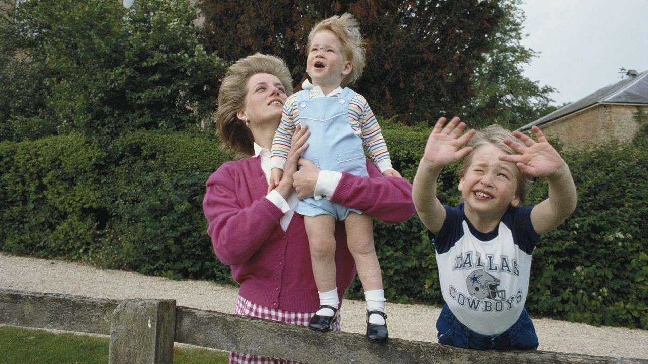 Princes William and Harry with their mother, Diana, Princess of Wales (1961 - 1997) in the garden of Highgrove House in Gloucestershire, 18th July 1986. William is wearing a Dallas Cowboys t-shirt.