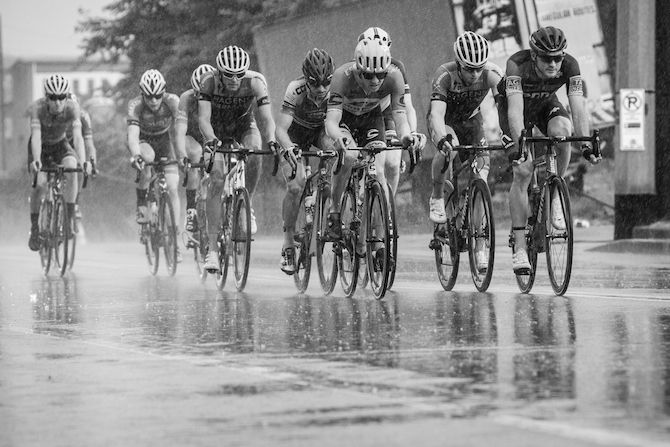 A chase group fights the rain during the US Pro Road Race National Championships on June 24, 2018 in Knoxville, Tennessee