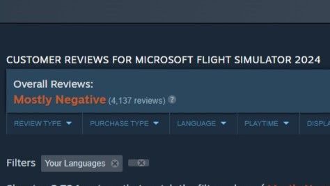 Steam screenshot showing Microsoft Flight Simulator as overall negative reviews