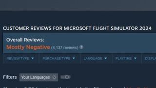 Steam screenshot showing Microsoft Flight Simulator as overall negative reviews