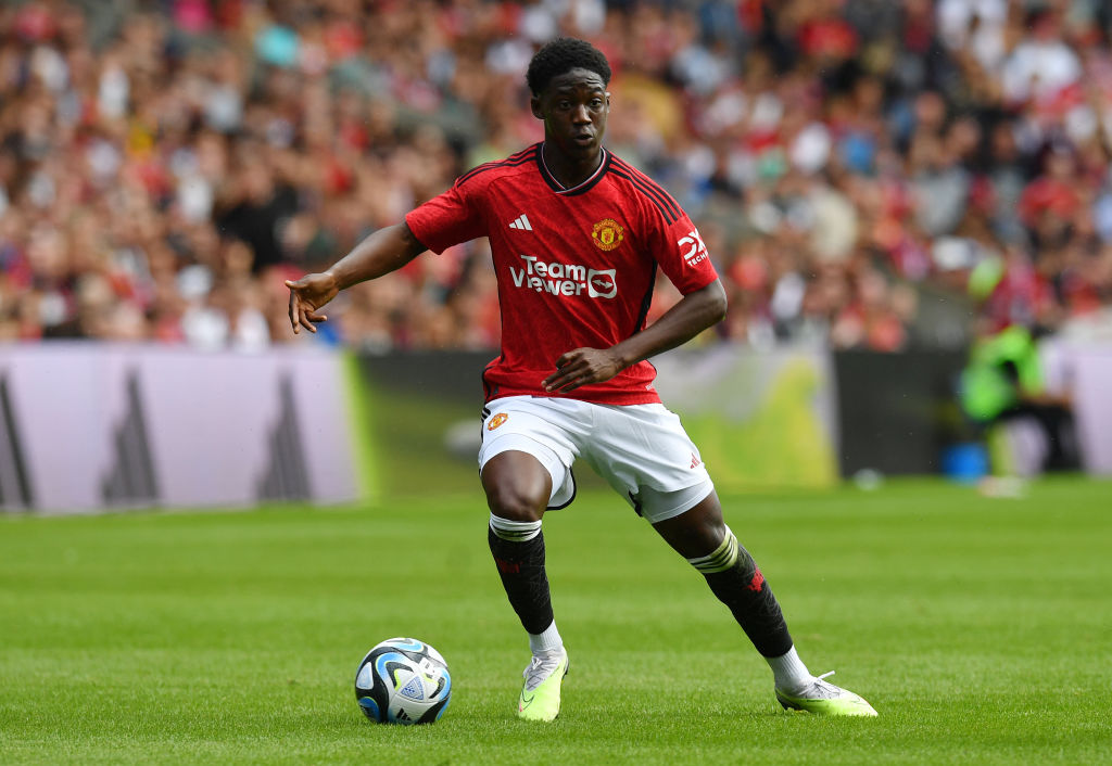 Kobbie Mainoo of Manchester United in action during the pre-season friendly match between Manchester United and Olympique Lyonnais at BT Murrayfield Stadium on July 19, 2023 in Edinburgh, Scotland.