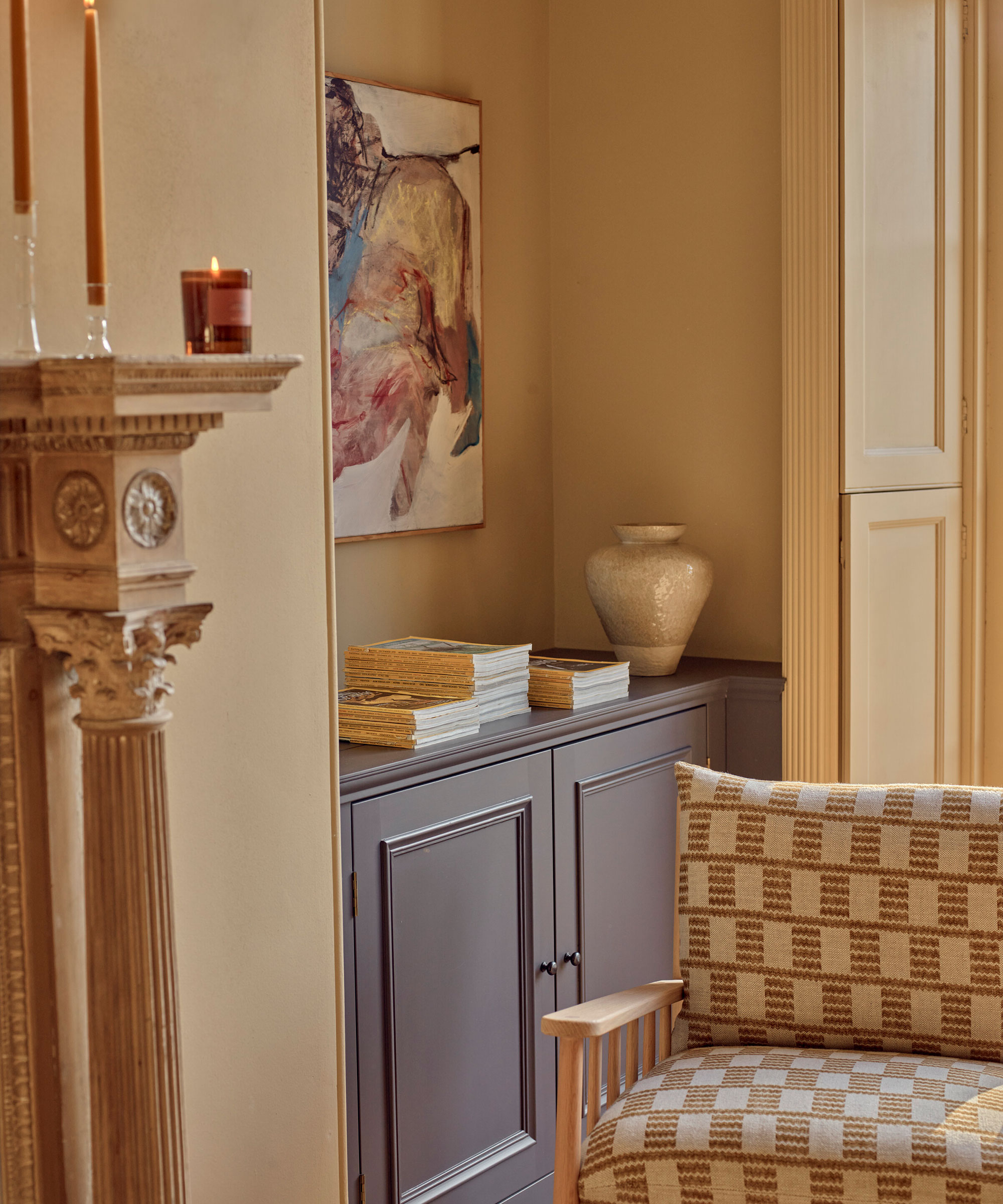 cream living room with grey built in alcove storage