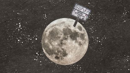 Photo collage of the moon with a giant "please keep off, habitat restoration area" sign stuck into it