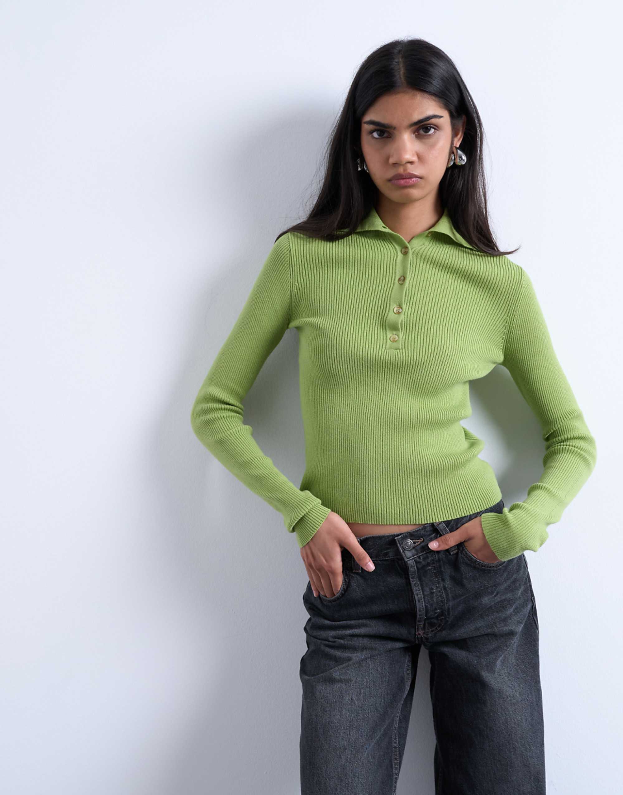 Topshop Knit Ribbed Collar Polo in Green