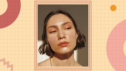 close up Portrait Of A Young Woman wearing dewy natural makeup with short brown hair