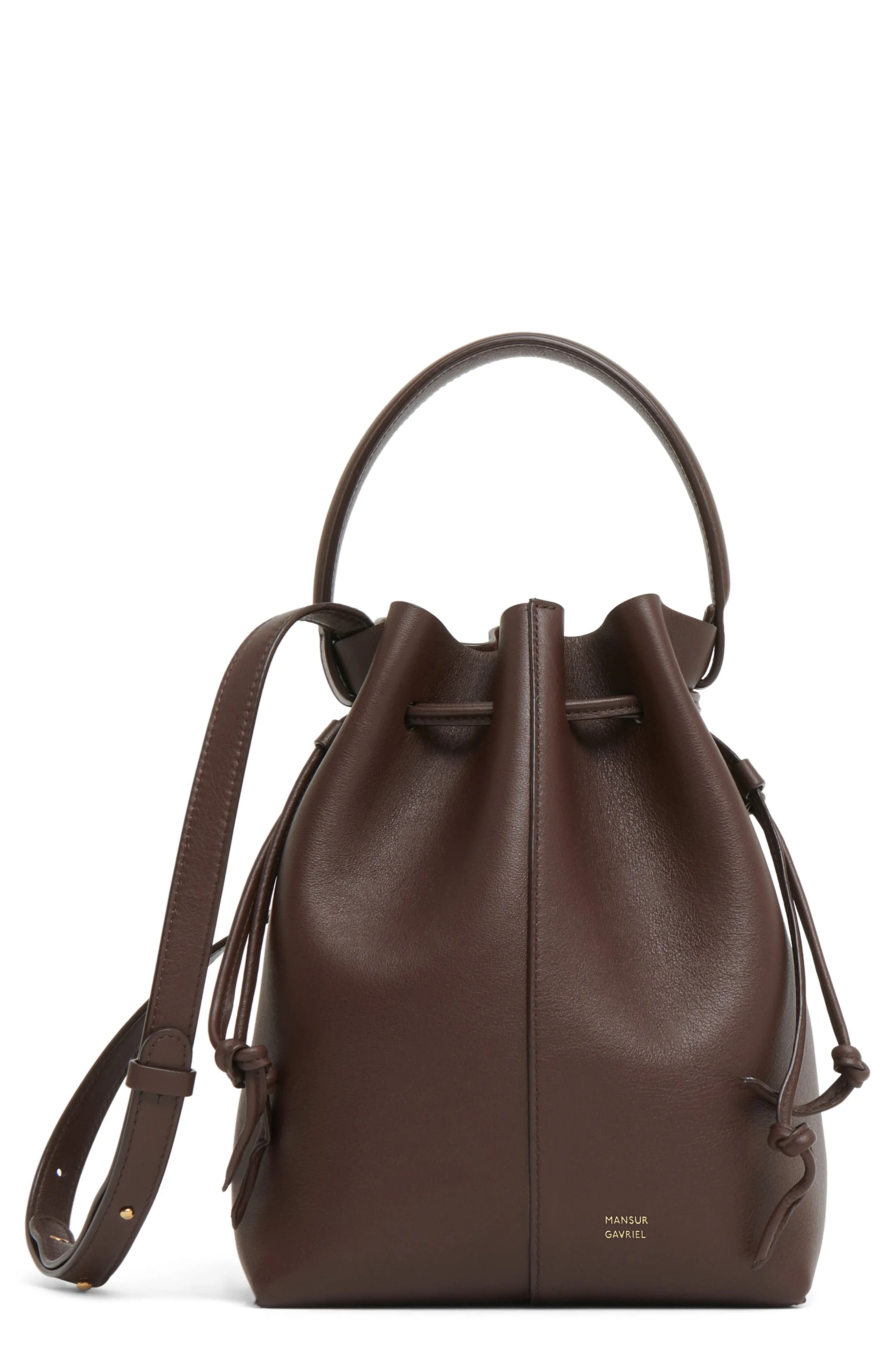 A brown leather bucket bag
