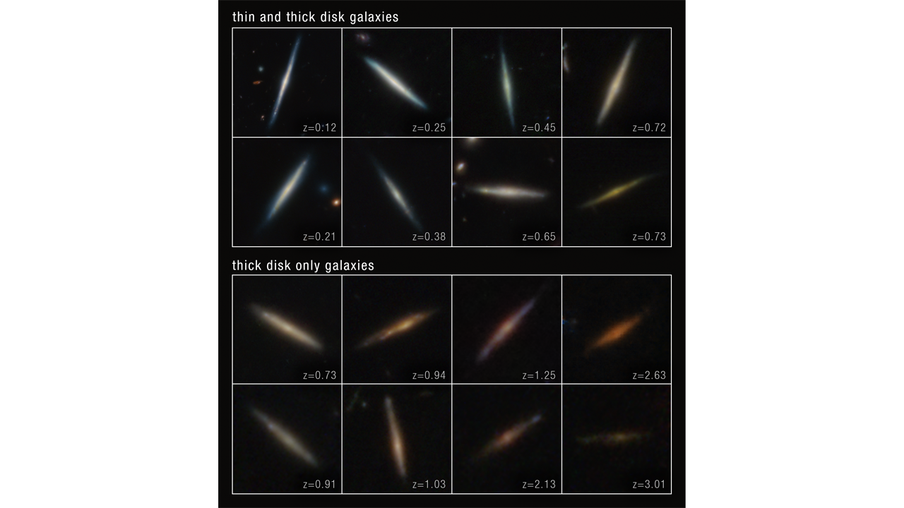 Multiple disks of white, blue, gold and orange in white boxes. They are seen from "edge-on" angles.