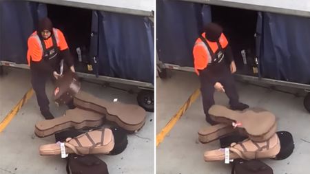 Baggage handler throwing guitar cases on to the floor