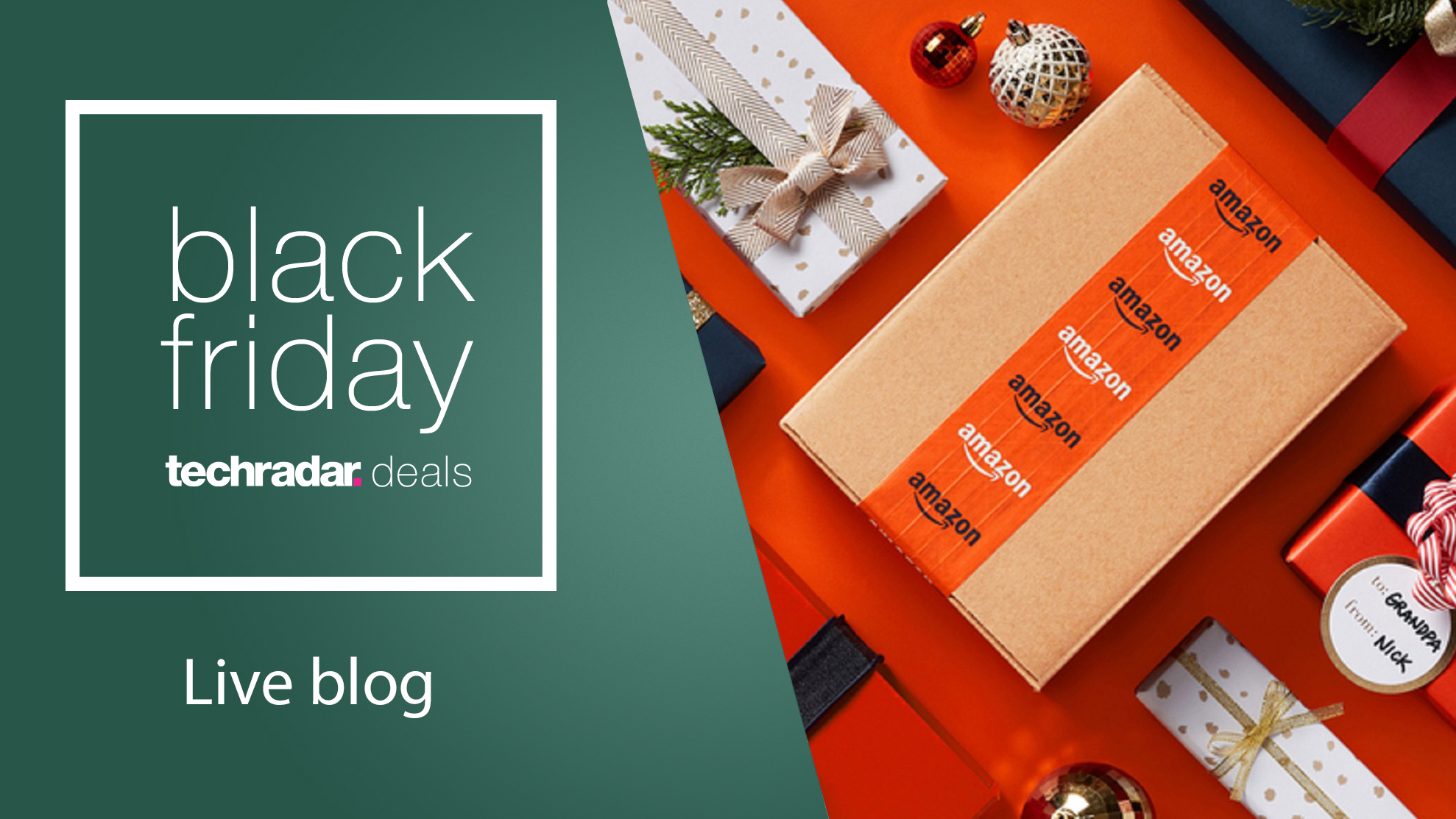 'Black Friday TechRadar deals' text, with a close up of an Amazon parcel
