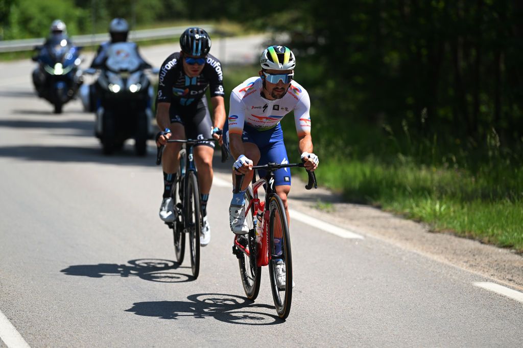 LE COTEAU FRANCE JUNE 06 LR Lorenzo Milesi of Italy and Team DSM and Mathieu Burgaudeau of France and Team TotalEnergiescompete in the breakaway during the 75th Criterium du Dauphine 2023 Stage 3 a 1941km stage from MonistrolsurLoire to Le Coteau UCIWT on June 06 2023 in Le Coteau France Photo by Dario BelingheriGetty Images