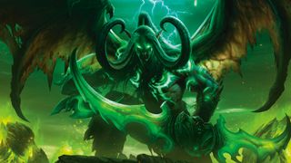 A winged, horned elf wielding two double-ended blades in a green environment with lightning strikes
