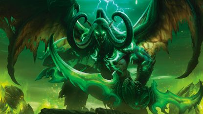 A winged, horned elf wielding two double-ended blades in a green environment with lightning strikes