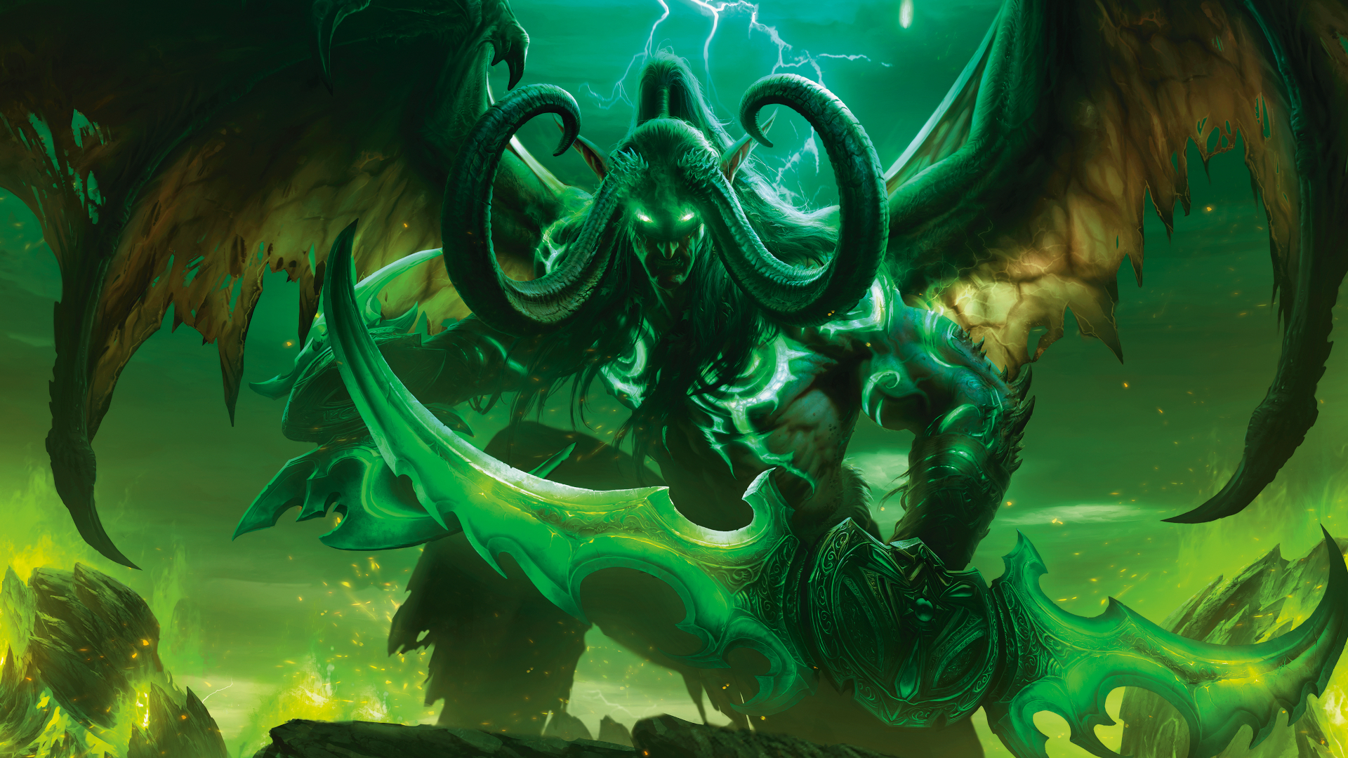 A winged, horned elf wielding two double-ended blades in a green environment with lightning strikes
