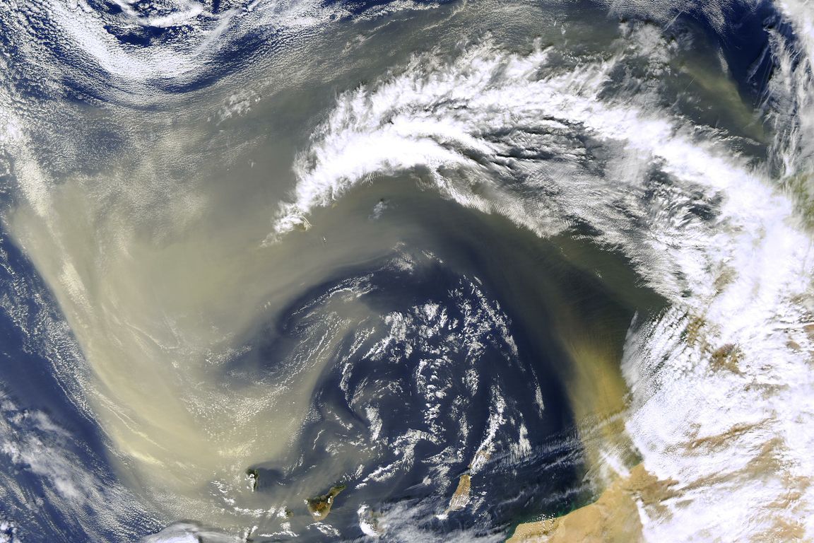 This NASA satellite image shows dust over the Sahara Desert.