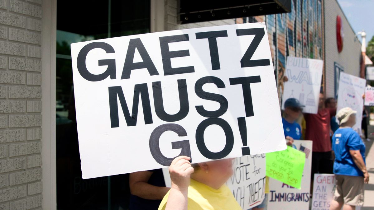 Protesters at a Matt Gaetz event in the Bellmont-DeVillers neighborhood in Pensacola, Fla.