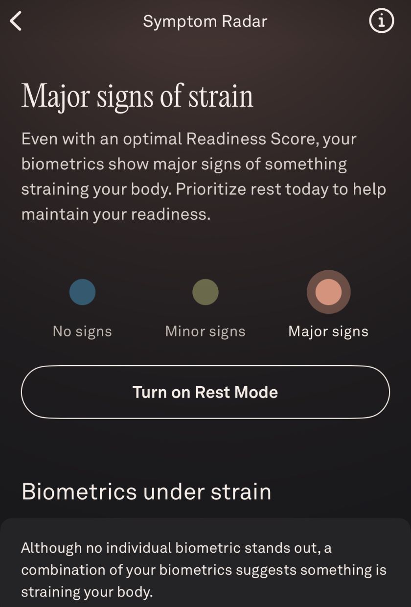A screenshot of the Oura Ring app symptom radar