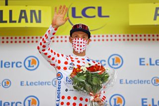 QUILLAN FRANCE JULY 10 Michael Woods of Canada and Team Israel StartUp Nation Polka Dot Mountain Jersey celebrates at podium during the 108th Tour de France 2021 Stage 14 a 1837km stage from Carcassonne to Quillan LeTour TDF2021 on July 10 2021 in Quillan France Photo by Tim de WaeleGetty Images
