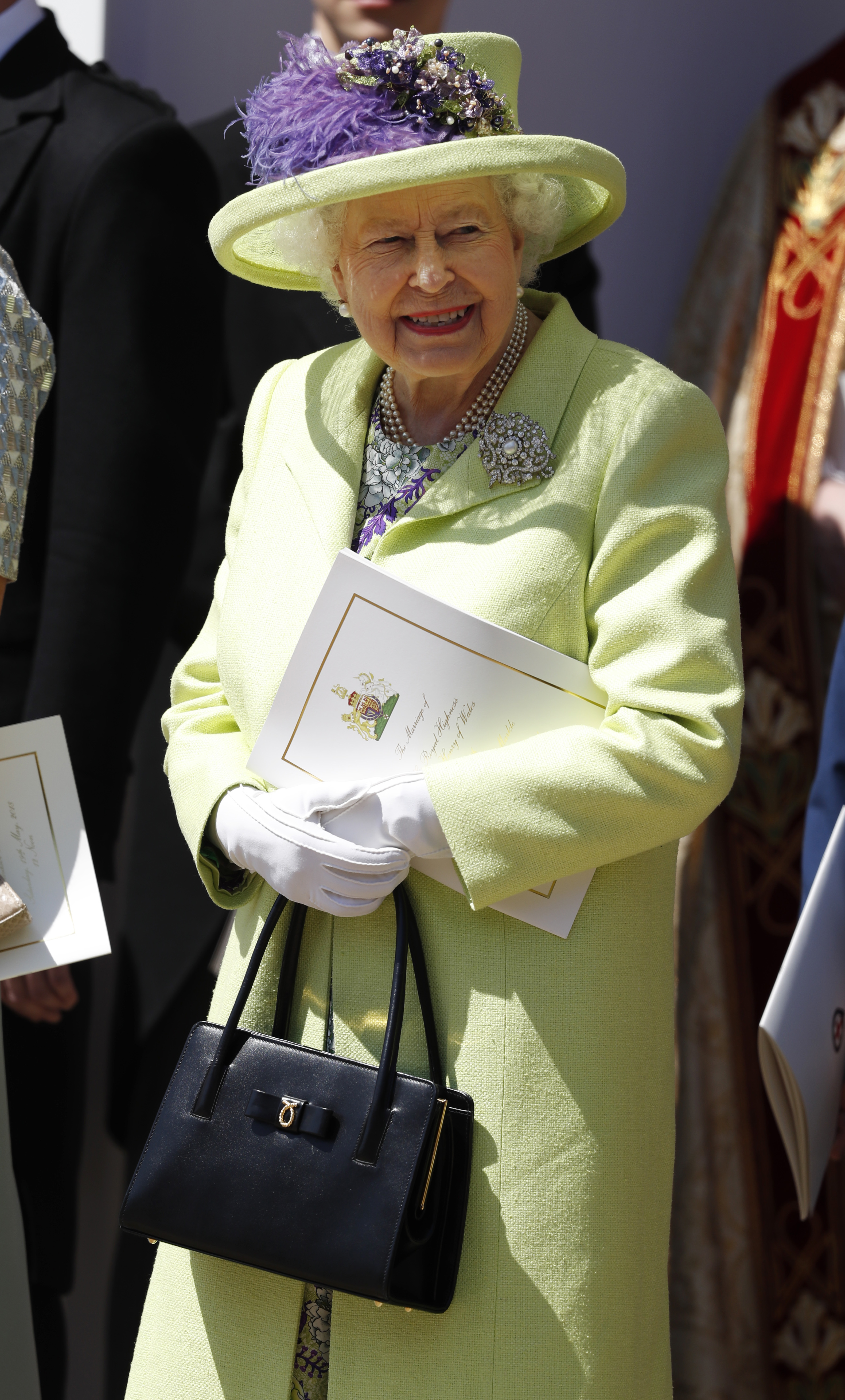 Queen Elizabeth II smiles after the wedding of Prince Harry and Meghan Markle at St Georges Chapel at Windsor Castle on May 19, 2018 (Photo by Alastair Grant - WPA Pool/Getty Images)
