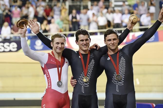 The men's sprint podium: Jason Kenny, Sam Webster and Ed Dawkins