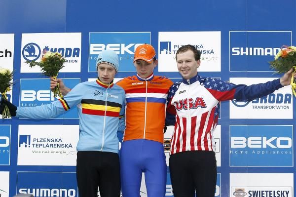 The Plzen World Cup junior men's podium: Quinten Hermans, Mathieu van der Poel and Logan Owen