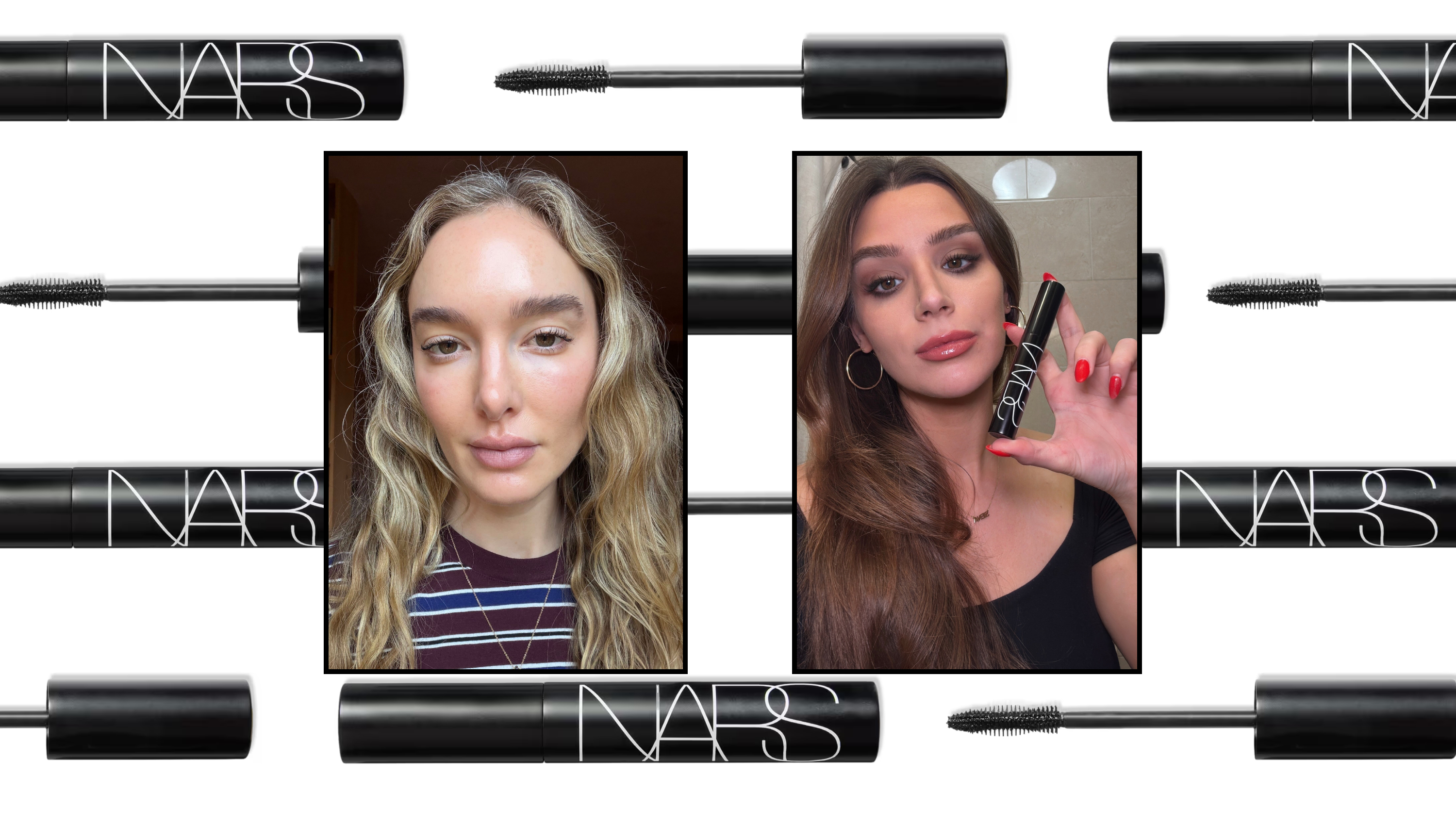 NARS mascara graphic featuring product packaging, mascara wands, and two beauty portraits highlighting defined, lengthened lashes