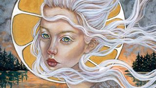 A woman with silver hair in front of the moon
