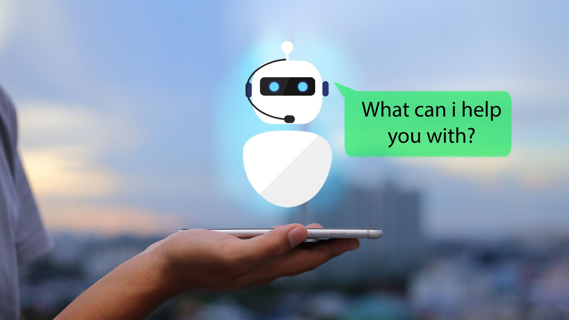 A hand holding a phone showing an AI chat asking a question