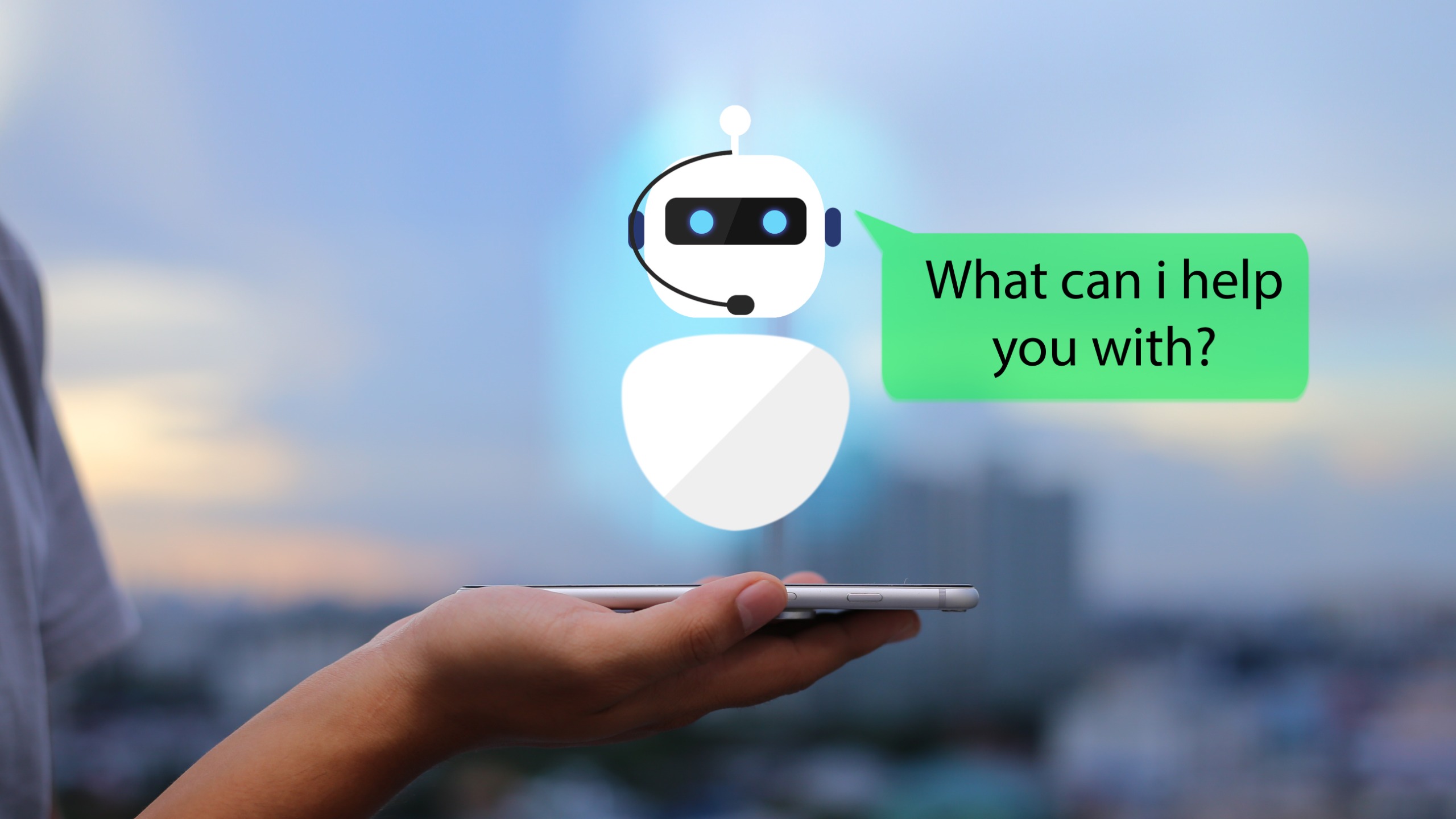A hand holding a phone showing an AI chat asking a question