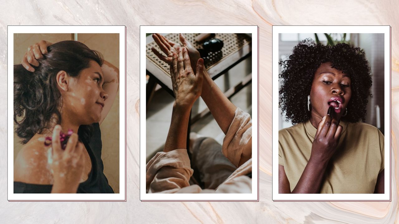 three women applying beauty products on their neck, hands and lips