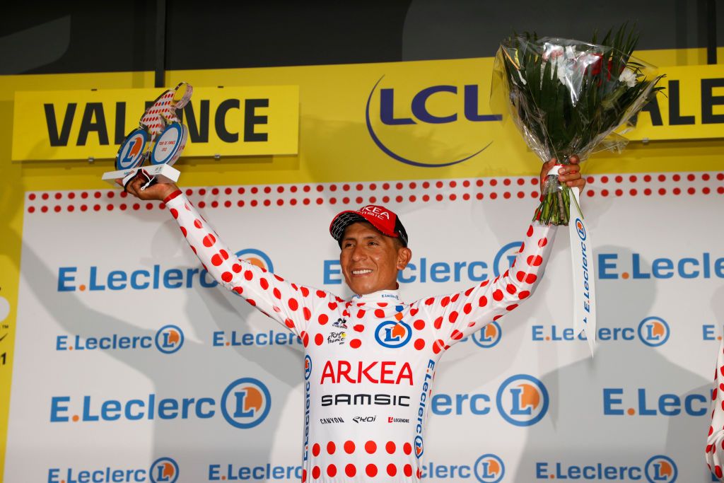 VALENCE FRANCE JULY 06 Nairo Quintana of Colombia and Team Arka Samsic Polka Dot Mountain Jersey celebrates at podium during the 108th Tour de France 2021 Stage 10 a 1907km stage from Albertville to Valence LeTour TDF2021 on July 06 2021 in Valence France Photo by Chris GraythenGetty Images