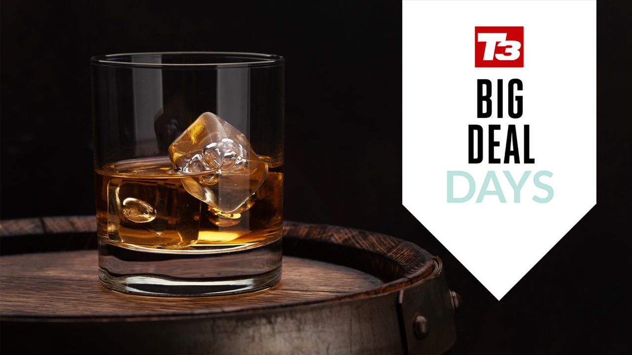 Whisky in glass on barrel with T3 deals logo