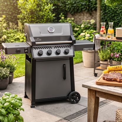 AI generated lifestyle image showing the Napoleon Freestyle 425 grill in a garden with grilled food on the table