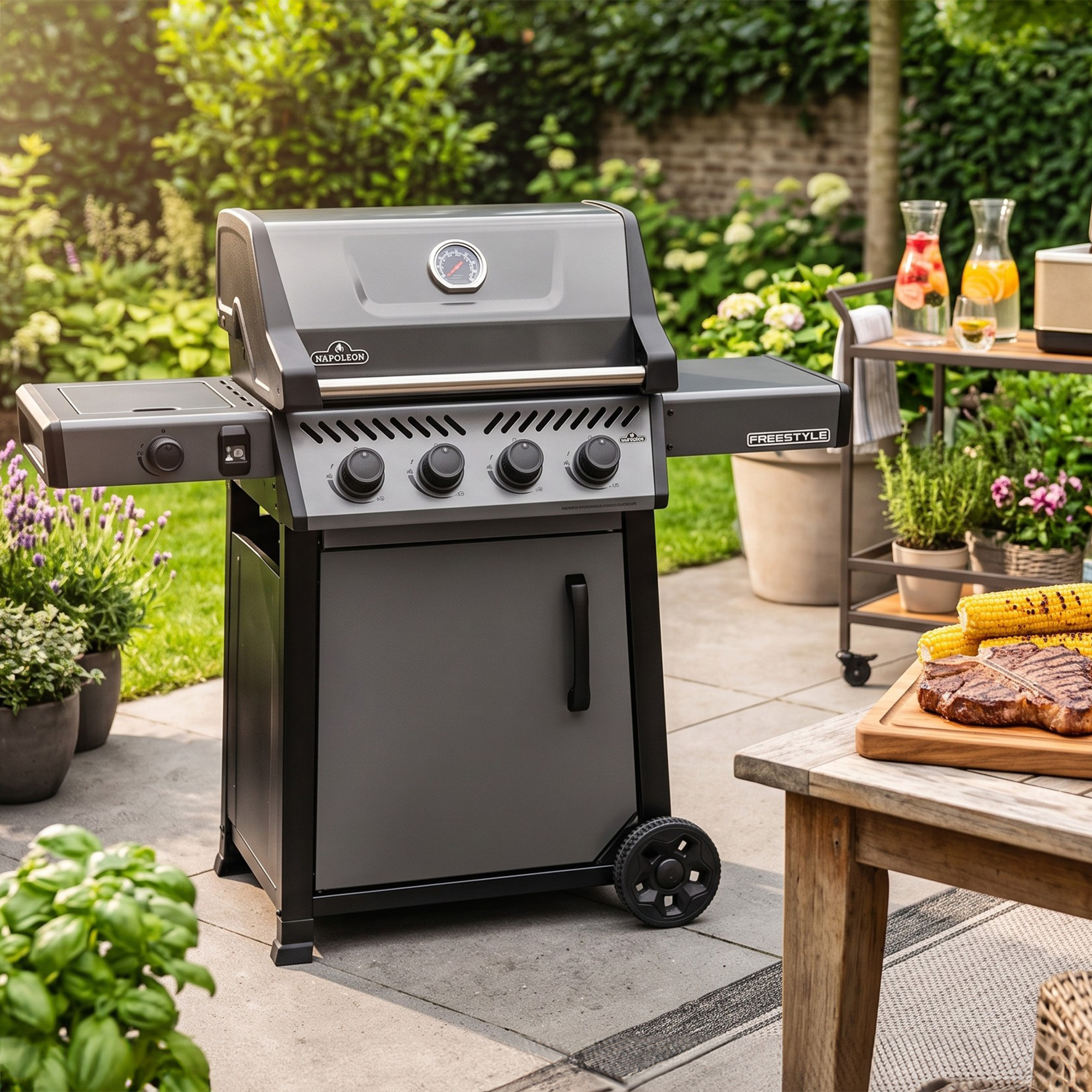 AI generated lifestyle image showing the Napoleon Freestyle 425 grill in a garden with grilled food on the table