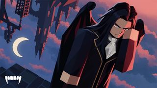 Press shot for Vampire Life codes showing a moody looking vampire character with gothic buildings in the background