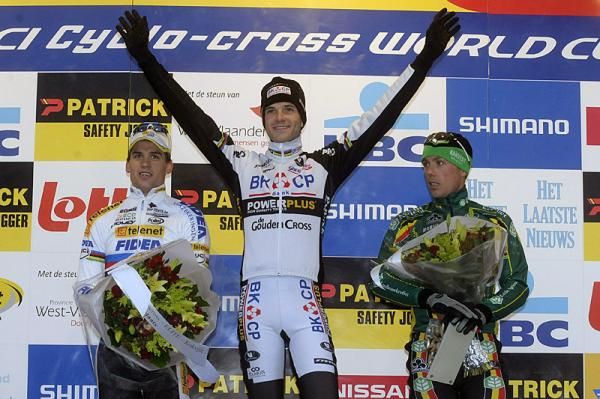Niels Albert (BKCP - Powerplus) atop the Koksijde, Belgium World Cup podium.