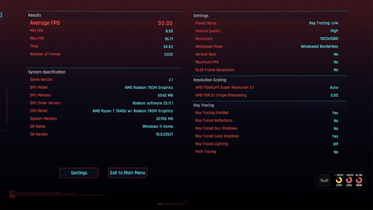 AYANEO Slide Cyberpunk 2077 benchmark on low ray tracing settings.