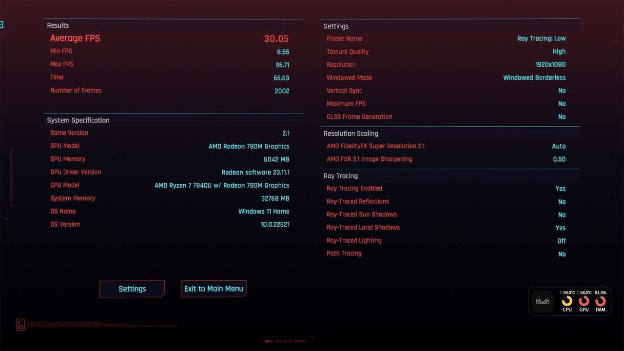 AYANEO Slide Cyberpunk 2077 benchmark on low ray tracing settings.