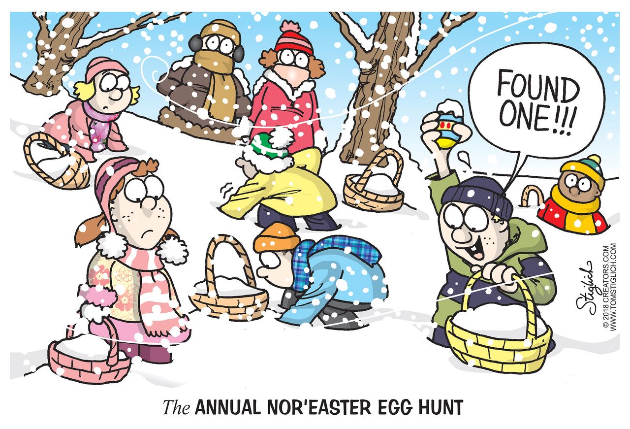 Editorial cartoon U.S. Winter weather snowstorms noreaster Easter Egg hunt