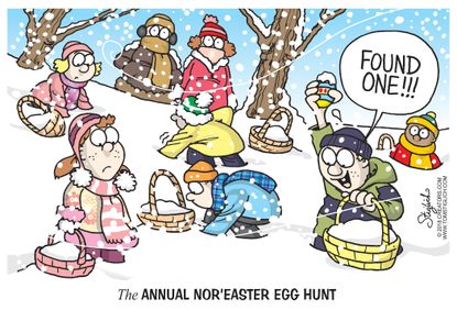 Editorial cartoon U.S. Winter weather snowstorms noreaster Easter Egg hunt