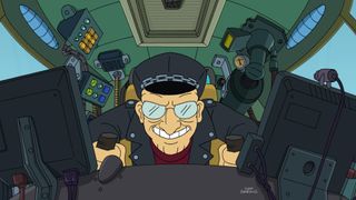 Professor Farnsworth in biker gear, racing Leela in Futurama episode "2-D Blacktop".