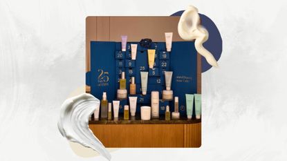 ESPA Wellness Advent Calendar on a white marble background with cream swatches