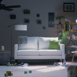 Living room with white sofa, green cushion, wooden shelf, carpeting, and pictures on the walls