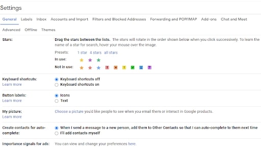 Gmail's settings menu, showing how to add icons/stars to emails
