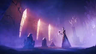 A cloaked woman stands in a purple-lit church, offering a floating orb to a grave