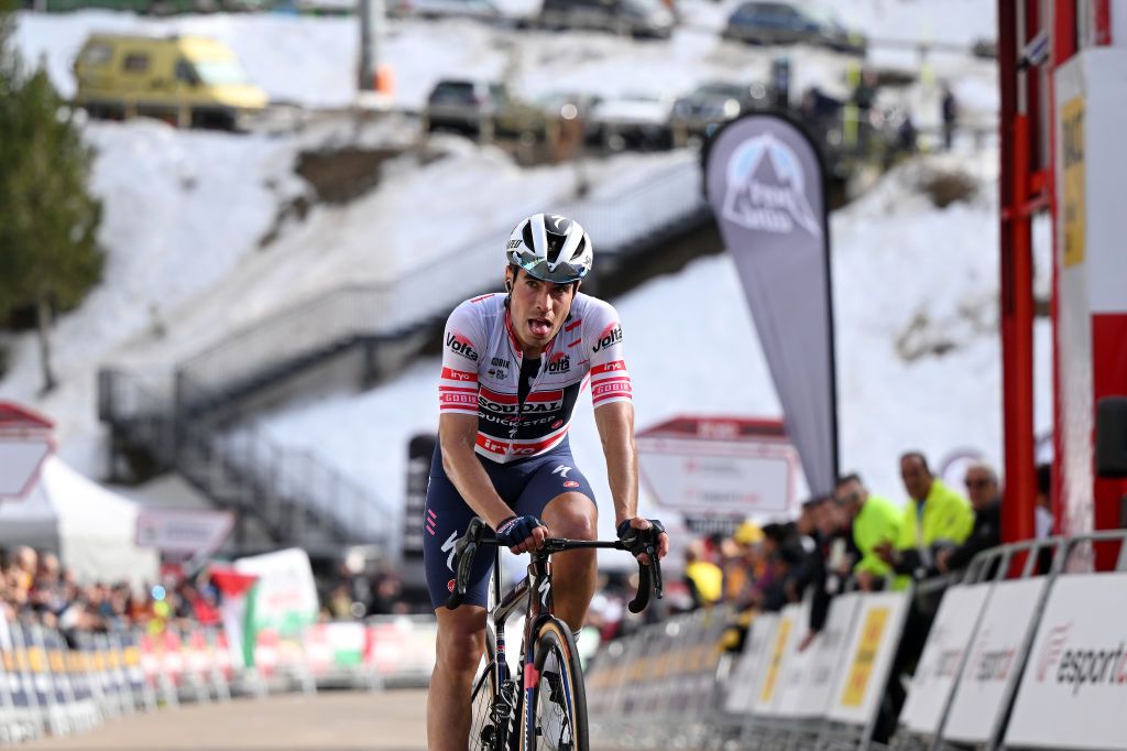 PORT AINE SPAIN MARCH 20 Mikel Landa of Spain and Team Soudal Quick Step Red Mountain Jersey crosses the finish line as second place winner during the 103rd Volta Ciclista a Catalunya 2024 Stage 3 a 1767km stage from Sant Joan de les Abadesses to Port Aine 1967m UCIWT on March 20 2024 in Port Aine Spain Photo by David RamosGetty Images