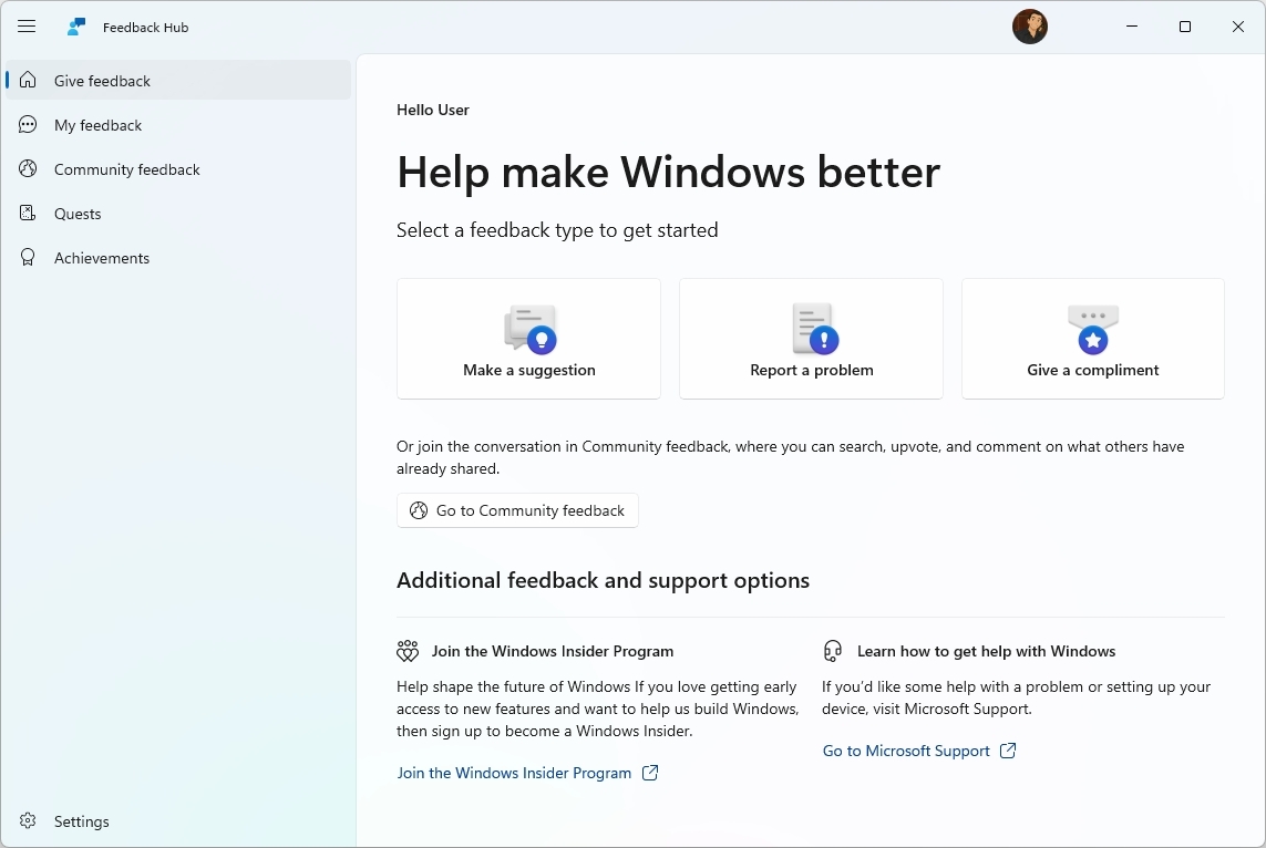 Feedback Hub app new UI