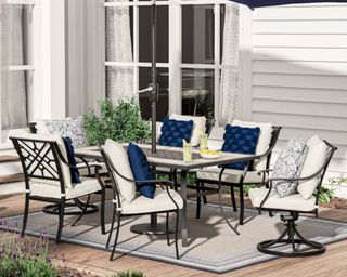 outdoor furniture at Lowe's black steel dining set with umbrella