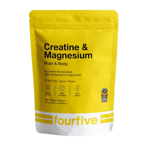 Fourfive Creatine &amp;amp; Magnesium Powder (creatine Monohydrate) Easy Dissolve &amp;amp; Vegan With Lemon Flavour, Strength Power &amp;amp; Recovery - 270g Pouch (30 Servings)